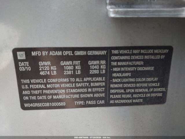Aukcja sprzedaży 2011 Buick Regal Cxl Russelsheim, vin: W04GR5EC0B1000589, numer aukcji: 45676486