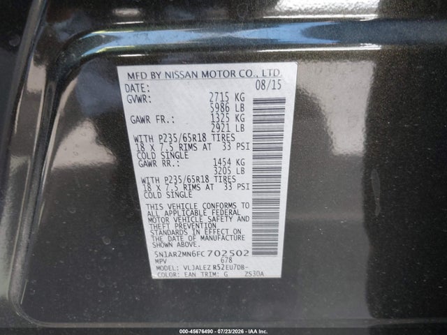 Nissan Pathfinder Sv 2015 5N1AR2MN6FC702502 Image 9