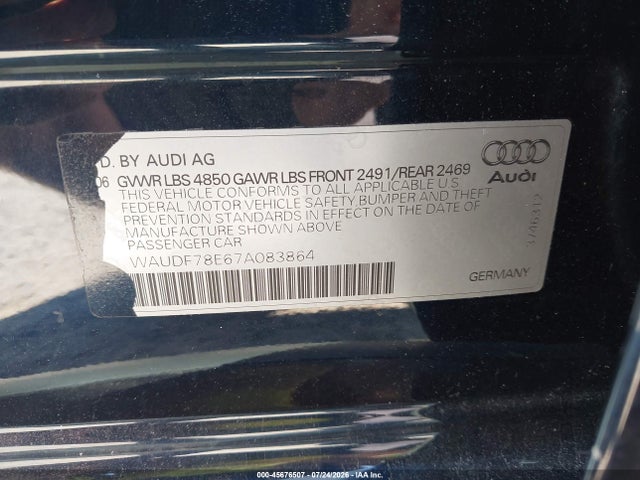 Aukcja sprzedaży 2007 Audi A4 2.0t, vin: WAUDF78E67A083864, numer aukcji: 45676507