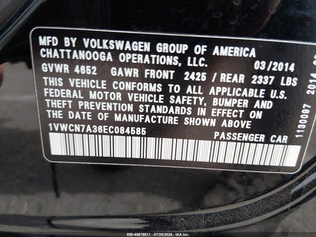 1VWCN7A36EC084585 Volkswagen Passat 2.0l Tdi Sel Premium