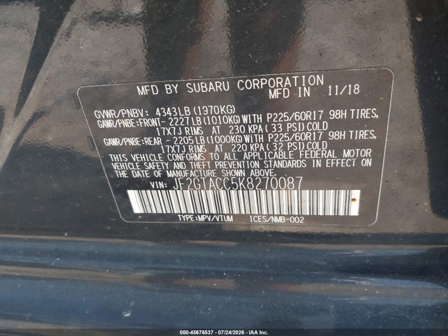 2019 Subaru Crosstrek 2.0i Premium მანქანა იყიდება აუქციონზე, vin: JF2GTACC5K8270087, აუქციონის ნომერი: 45676537