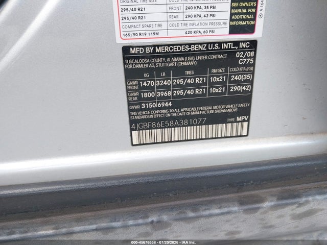 45676538 :رقم المزاد ، 4JGBF86E58A381077 vin ، 2008 Mercedes-benz Gl 550 4matic مزاد بيع