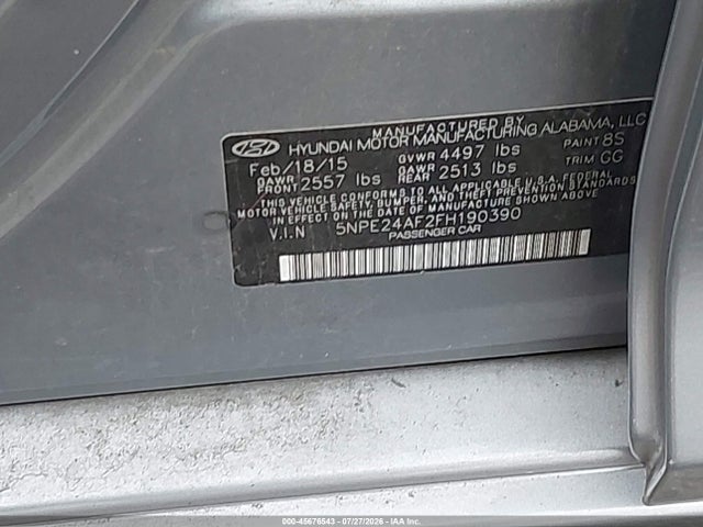2015 Hyundai Sonata Se მანქანა იყიდება აუქციონზე, vin: 5NPE24AF2FH190390, აუქციონის ნომერი: 45676543