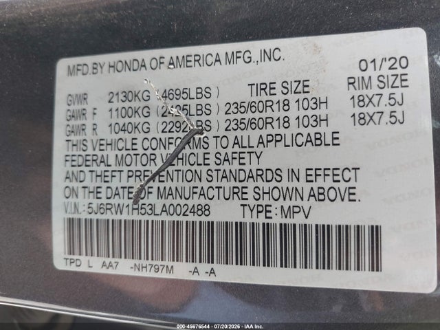 5J6RW1H53LA002488 Honda Cr-v 2wd Ex