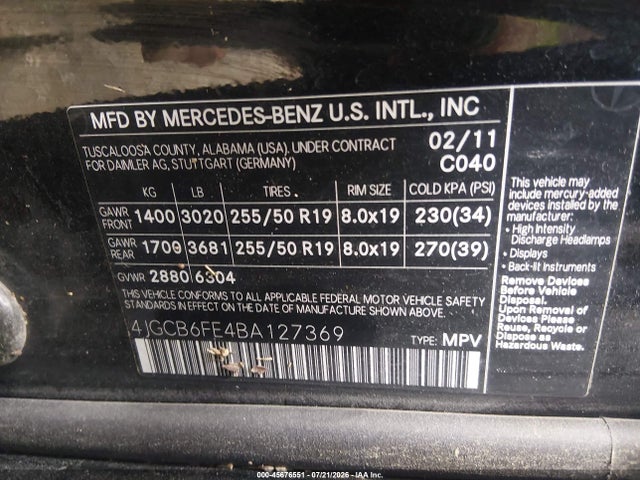 45676551 :رقم المزاد ، 4JGCB6FE4BA127369 vin ، 2011 Mercedes-benz R 350 4matic مزاد بيع