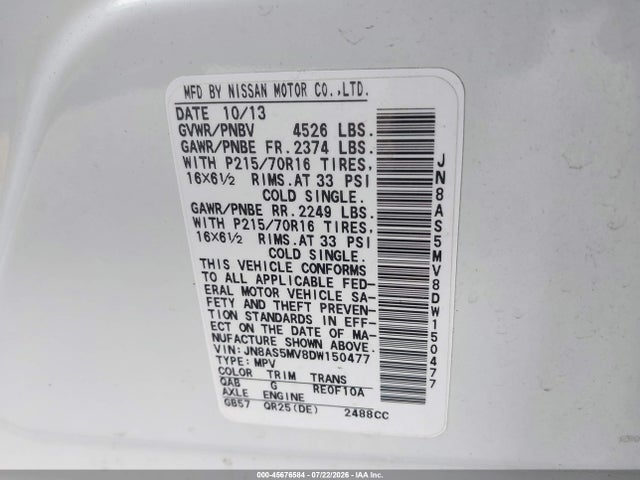 45676584 :رقم المزاد ، JN8AS5MV8DW150477 vin ، 2013 Nissan Rogue S مزاد بيع