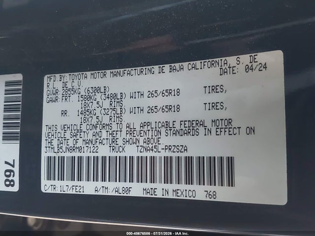 Продаж на аукціоні авто 2024 Toyota Tacoma Trd Sport, vin: 3TMLB5JN8RM017122, номер лоту: 45676586