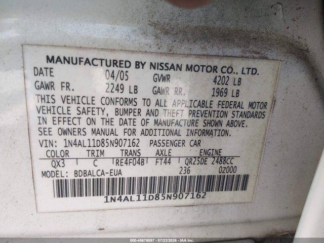 Aukcja sprzedaży 2005 Nissan Altima 2.5 S, vin: 1N4AL11D85N907162, numer aukcji: 45676597