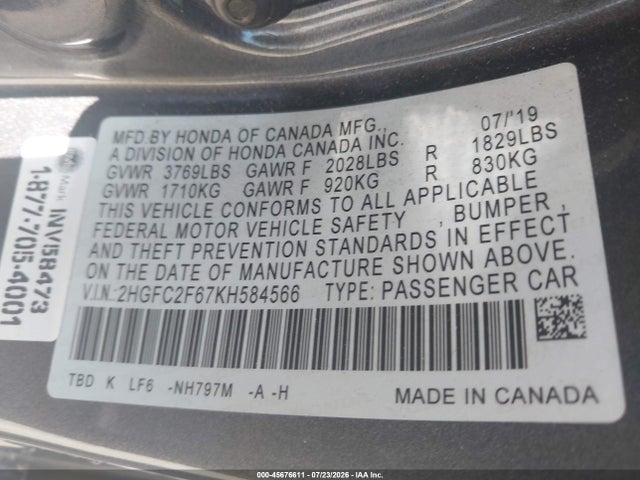 Honda Civic Lx 2019 2HGFC2F67KH584566 Image 9