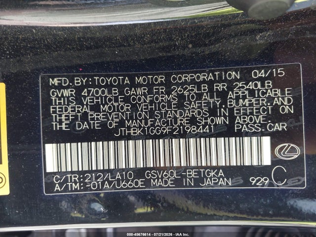 Продажа на аукционе авто 2015 Lexus Es 350, vin: JTHBK1GG9F2198441, номер лота: 45676614