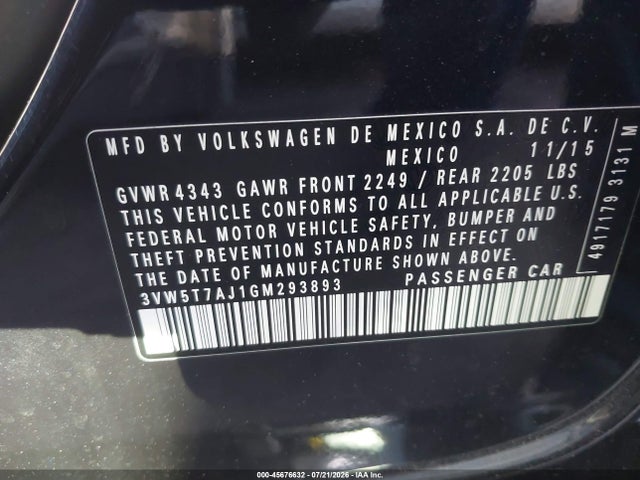 3VW5T7AJ1GM293893 Volkswagen Jetta 2.0t Gli Se