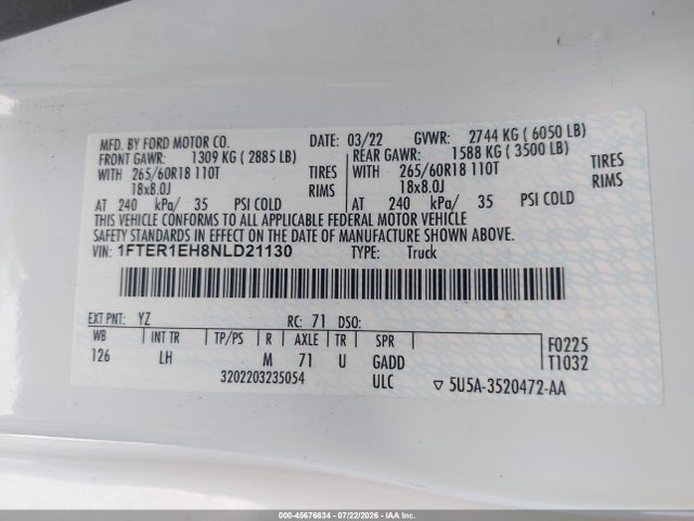 Aukcja sprzedaży 2022 Ford Ranger Xlt, vin: 1FTER1EH8NLD21130, numer aukcji: 45676634