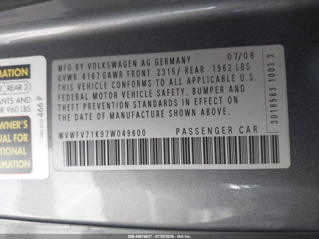 Продажа на аукционе авто 2007 Volkswagen Gti 2-door (a6)/fahrenheit, vin: WVWFV71K97W049600, номер лота: 45676637