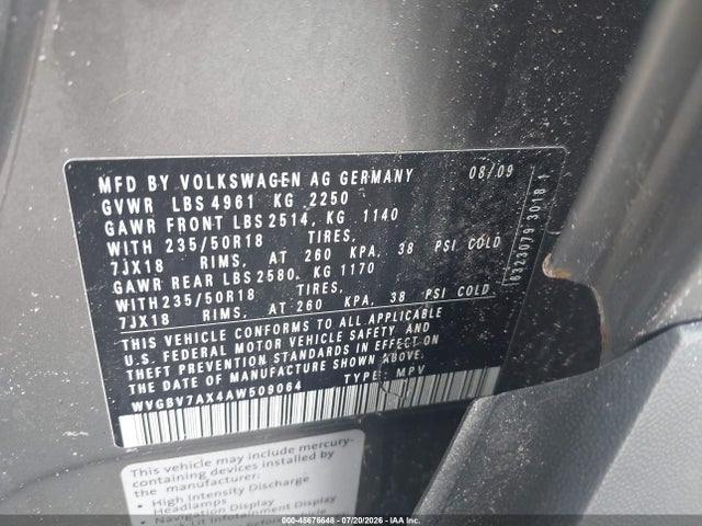 45676648 :رقم المزاد ، WVGBV7AX4AW509064 vin ، 2010 Volkswagen Tiguan Se مزاد بيع