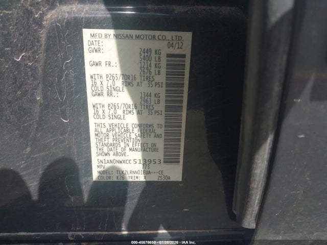 Продажа на аукционе авто 2012 Nissan Xterra S, vin: 5N1AN0NWXCC513953, номер лота: 45676650