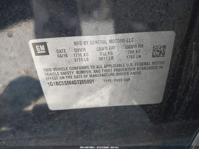 45676651 :رقم المزاد ، 1G1BC5SM4G7265091 vin ، 2016 Chevrolet Cruze Ls Auto مزاد بيع