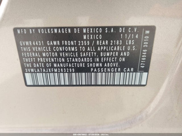 Продаж на аукціоні авто 2015 Volkswagen Jetta 2.0l Tdi S, vin: 3VWLA7AJXFM263299, номер лоту: 45676652