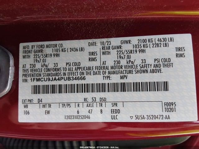 45676654 :رقم المزاد ، 1FMCU9JA4PUB34666 vin ، 2023 Ford Escape Platinum مزاد بيع