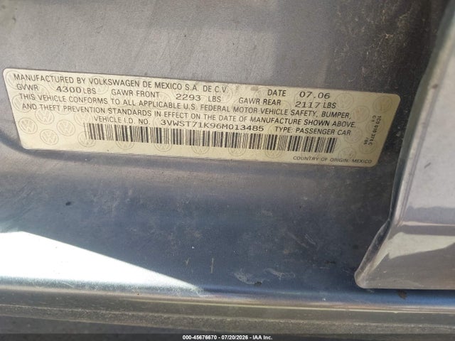 2006 Volkswagen Jetta Tdi მანქანა იყიდება აუქციონზე, vin: 3VWST71K96M013485, აუქციონის ნომერი: 45676670