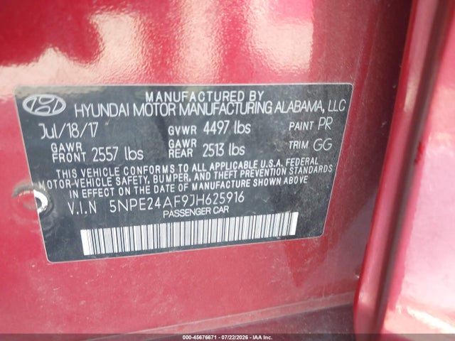 45676671 :رقم المزاد ، 5NPE24AF9JH625916 vin ، 2018 Hyundai Sonata Se مزاد بيع