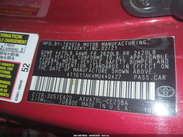 Продажа на аукционе авто 2021 Toyota Camry Se, vin: 4T1G11AK4MU440427, номер лота: 45676682