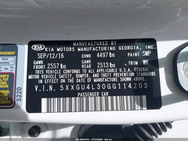 Aukcja sprzedaży 2016 Kia Optima Ex, vin: 5XXGU4L30GG114203, numer aukcji: 45676701
