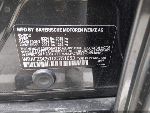 45676708 :رقم المزاد ، WBAFZ9C51CC751653 vin ، 2012 Bmw Activehybrid 5 مزاد بيع