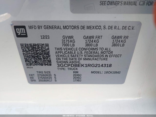 Продажа на аукционе авто 2024 Chevrolet Silverado 1500, vin: 3GCPDBEK1RG214318, номер лота: 45676723