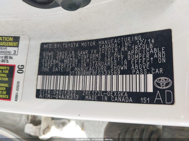 2T1BURHE9FC333569 Toyota Corolla S