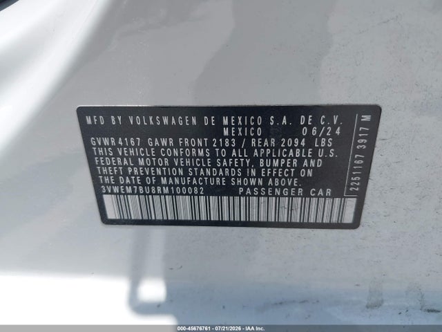 45676761 :رقم المزاد ، 3VWEM7BU8RM100082 vin ، 2024 Volkswagen Jetta 1.5t Se مزاد بيع