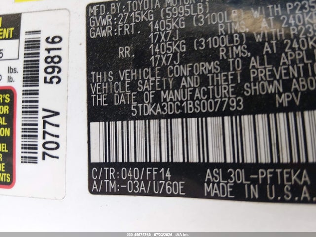 45676769 :رقم المزاد ، 5TDKA3DC1BS007793 vin ، 2011 Toyota Sienna مزاد بيع