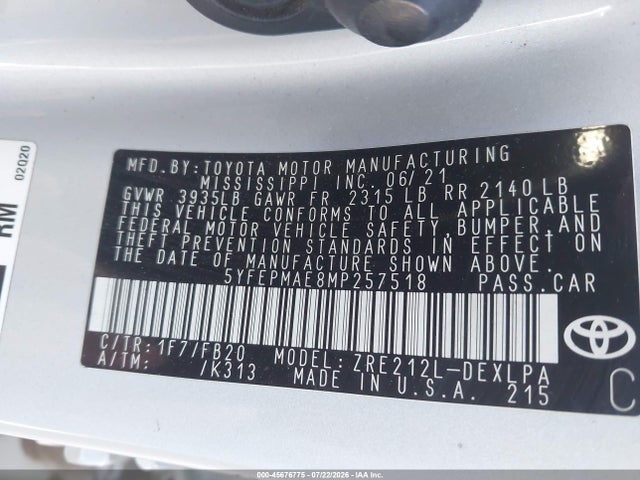 Toyota COROLLA LE 2021 5YFEPMAE8MP257518 Image 9