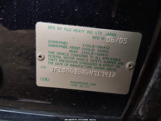 45676776 :رقم المزاد ، JF1SG63626H717412 vin ، 2006 Subaru Forester 2.5x مزاد بيع