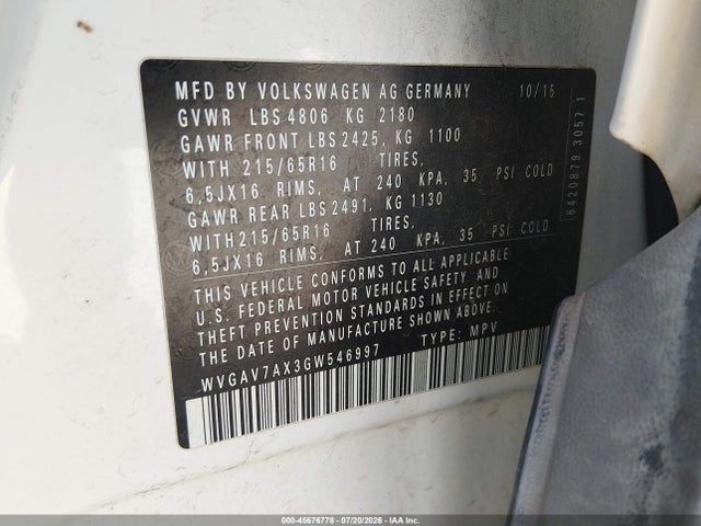 Aukcja sprzedaży 2016 Volkswagen Tiguan S, vin: WVGAV7AX3GW546997, numer aukcji: 45676778