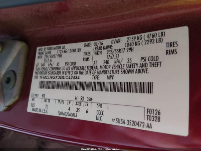Продажа на аукционе авто 2016 Ford Escape Se, vin: 1FMCU9GX3GUC42434, номер лота: 45676794