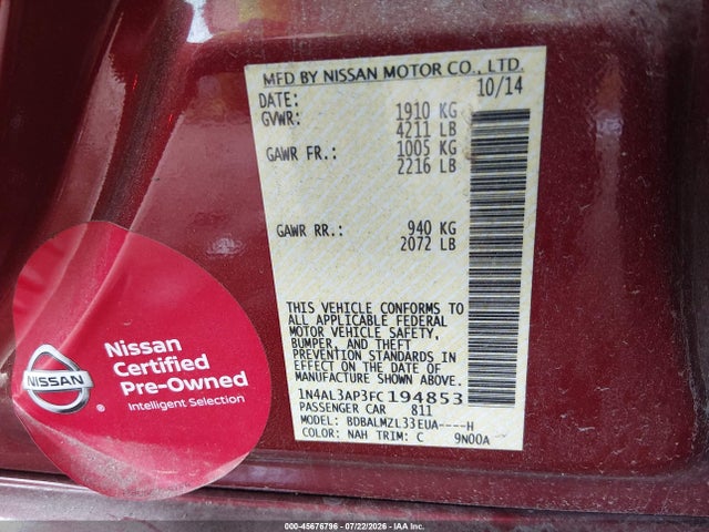 Aukcja sprzedaży 2015 Nissan Altima 2.5 Sv, vin: 1N4AL3AP3FC194853, numer aukcji: 45676796