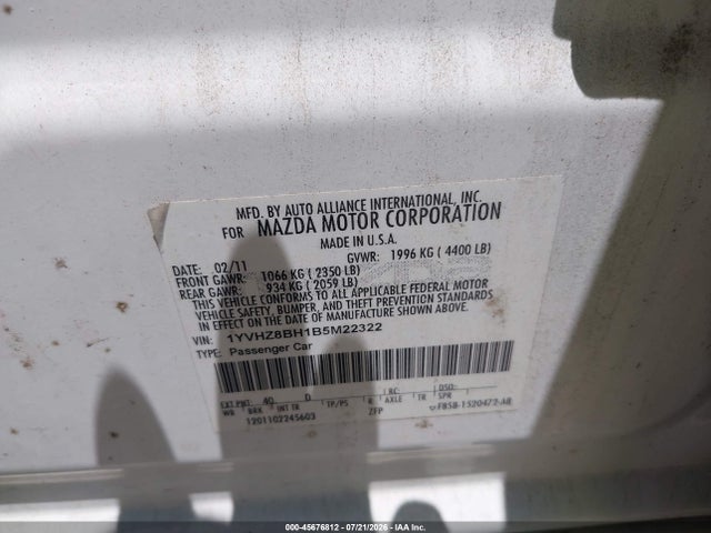 Aukcja sprzedaży 2011 Mazda Mazda6 I Sport, vin: 1YVHZ8BH1B5M22322, numer aukcji: 45676812