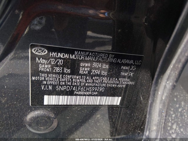 2020 Hyundai Elantra Se მანქანა იყიდება აუქციონზე, vin: 5NPD74LF6LH599790, აუქციონის ნომერი: 45676813