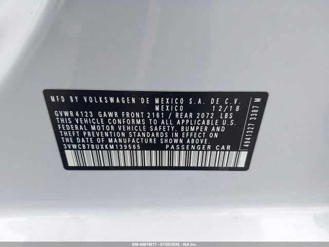 45676817 :رقم المزاد ، 3VWCB7BUXKM139565 vin ، 2019 Volkswagen Jetta 1.4t R-line/1.4t S/1.4t Se مزاد بيع