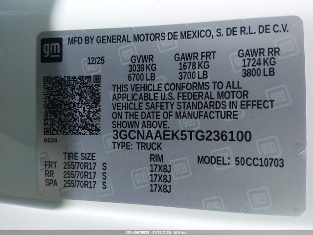 Aukcja sprzedaży 2026 Chevrolet Silverado 1500 2wd  Standard Bed Wt, vin: 3GCNAAEK5TG236100, numer aukcji: 45676828