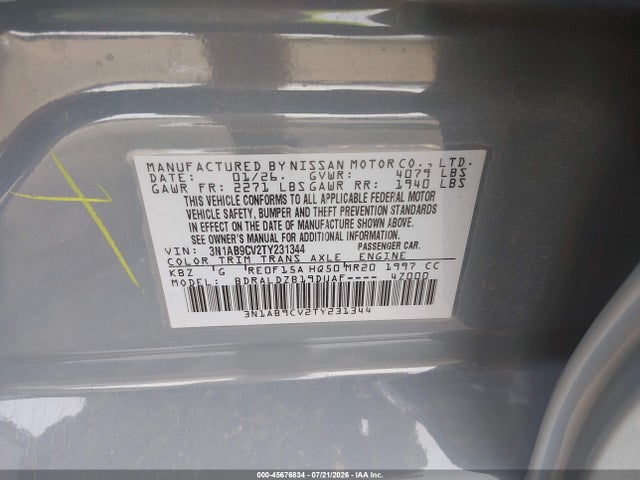 Aukcja sprzedaży 2026 Nissan Sentra Sv, vin: 3N1AB9CV2TY231344, numer aukcji: 45676834