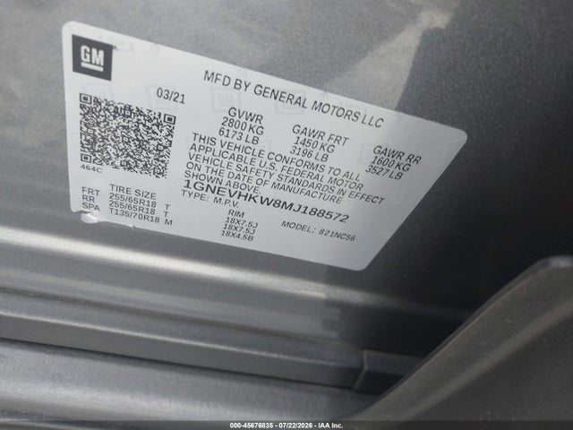 Продажа на аукционе авто 2021 Chevrolet Traverse Awd Lt Leather, vin: 1GNEVHKW8MJ188572, номер лота: 45676835