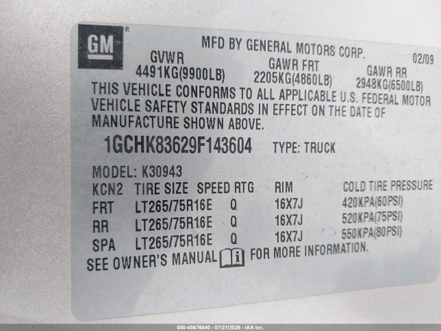 Продаж на аукціоні авто 2009 Chevrolet Silverado 3500hd Lt, vin: 1GCHK83629F143604, номер лоту: 45676840