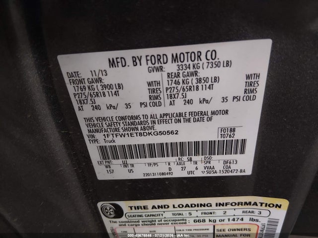 Aukcja sprzedaży 2013 Ford F-150 Xlt, vin: 1FTFW1ET8DKG50562, numer aukcji: 45676846