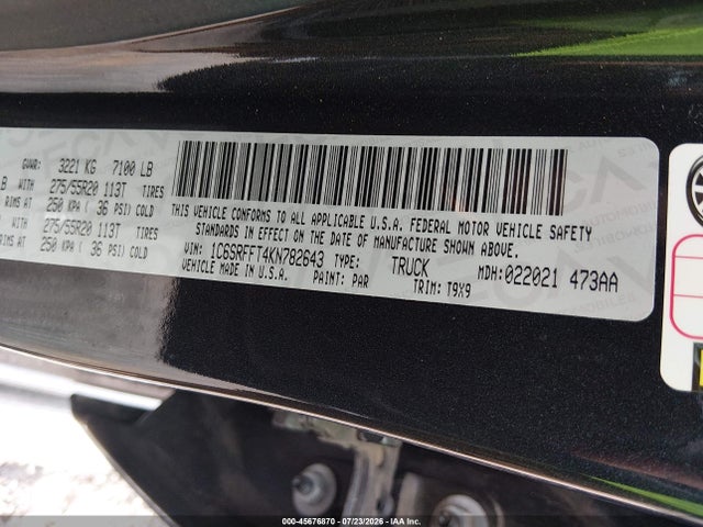 Продаж на аукціоні авто 2019 Ram 1500 Big Horn/lone Star  4x4 5'7 Box, vin: 1C6SRFFT4KN782643, номер лоту: 45676870