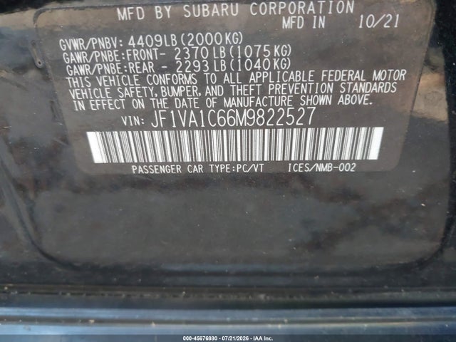 Продаж на аукціоні авто 2021 Subaru Wrx Premium, vin: JF1VA1C66M9822527, номер лоту: 45676880