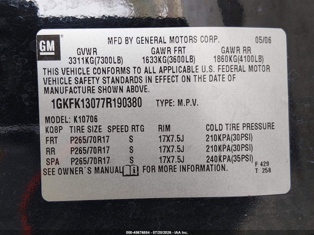 Продаж на аукціоні авто 2007 Gmc Yukon Slt, vin: 1GKFK13077R190380, номер лоту: 45676884
