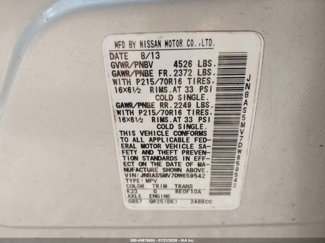 Aukcja sprzedaży 2013 Nissan Rogue S, vin: JN8AS5MV7DW659542, numer aukcji: 45676888