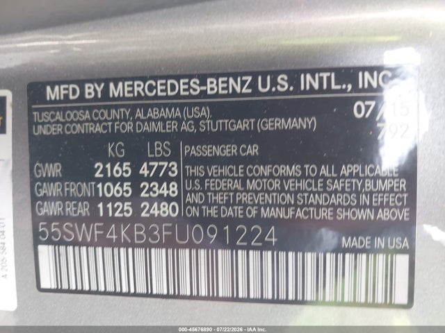 45676890 :رقم المزاد ، 55SWF4KB3FU091224 vin ، 2015 Mercedes-benz C 300 4matic مزاد بيع