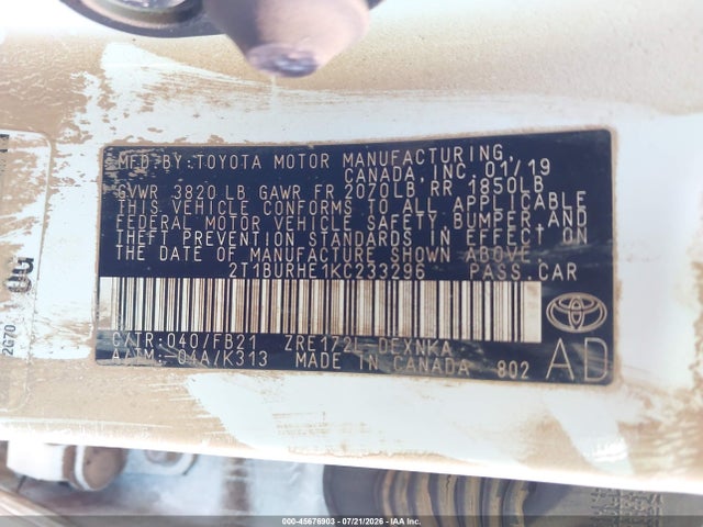 2T1BURHE1KC233296 Toyota COROLLA LE